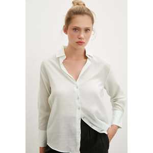 เสื้อเชิ้ตผ้าลินินคอวีผู้หญิง เสื้อเชิ้ตติดกระดุมสไตล์มินิมอล สีมิ้นท์ ใส่ได้ทุกวัน - Product Image 2