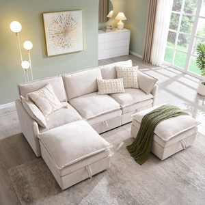 Ensemble modulaire sectionnel en forme de L moderne pour 3-4 personnes avec grand espace de rangement et coussins ottoman pour salon et chambre. - Product Image 1