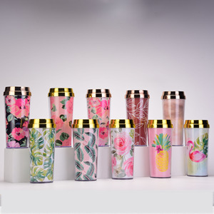 Popular ecológico 16oz/450mL vaso de plástico con aislamiento de doble pared portátil diseño Floral taza de café y taza de agua - Product Image 1