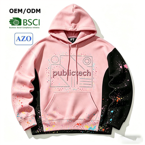 Custom Premium Flat Embroidery Graphics Pullover Rhinestone Letters French Terry 450gsm Patchwork Men Hoodie with Paint Splatter - Product Image 1