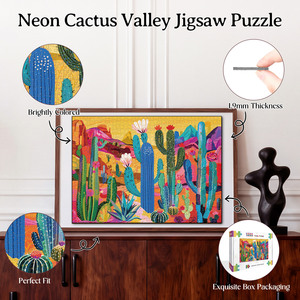 Puzzle néon Cactus du désert, puzzle artistique paysager tropical bohème avec succulentes, avec lettres au dos, jouet anti-stress pour adultes - Product Image 3