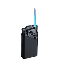 Briquet à gaz butane noir en métal, coupe-vent, pour homme, flamme bleue droite, allumage fixe, épaissi, rechargeable, idéal pour un cadeau
