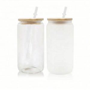Gobelet transparent dépoli de 16 oz pour sublimation, type bocal Mason, avec couvercle en bambou et paille - Product Image 1