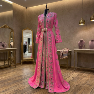 Élégant Caftan Marocain en Soie Satinée Perlé Respirant Anti-Plis Longueur Ras du Sol Imprimé Floral Naturel Blanc Takchita pour Femme Soirée - Product Image 2