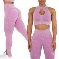 Clothes Acid Wash Zip Front Athletic Clothes For Women Sexy Cutout Fitness Crop Top + Push Up Yoga Pants Ribbed Custom Sportswear Suit
