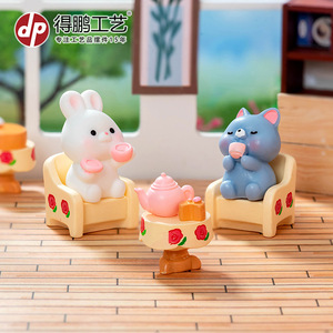 Miniature Cartoon Animal Tea Party Resin Dolls Small Decor Home Decoration Artistic Desktop Ornaments - Product Image 2