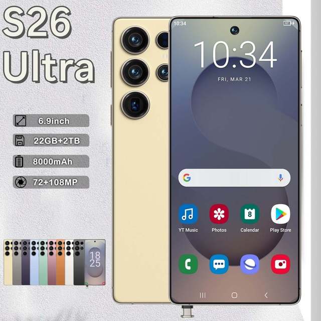 Original S26 Ultra High Quality 5G CDMA Dual SIM Unlocked Smartphone 22GB+2TB Storage 6.9 Inch HD Decacore Gaming Mobile 108MP
