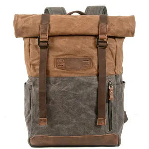 Yüksek kalite özel su geçirmez erkek sırt çantası retro rulo en gerçek deri seyahat sırt çantası çanta