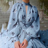 Gaun Malam Wanita Terbaru 2026 Model Turtleneck Tulle dengan Belahan Tinggi, Gaun Maxi Berpayet, Gaun Pesta Lengan Panjang untuk Wanita