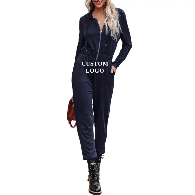 Tùy Chỉnh Giản Dị Drop Shoulder Trùm Đầu Jumpsuit Thể Thao Phù Hợp Với Phụ Nữ Tracksuit Chạy Bộ Một Mảnh Bodysuit Dây Kéo Rompers