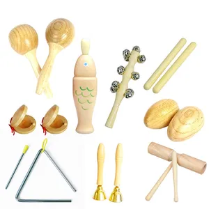 Wholesale orff kids percussion instrument set natural wood tambourine+egg shaker+castanets