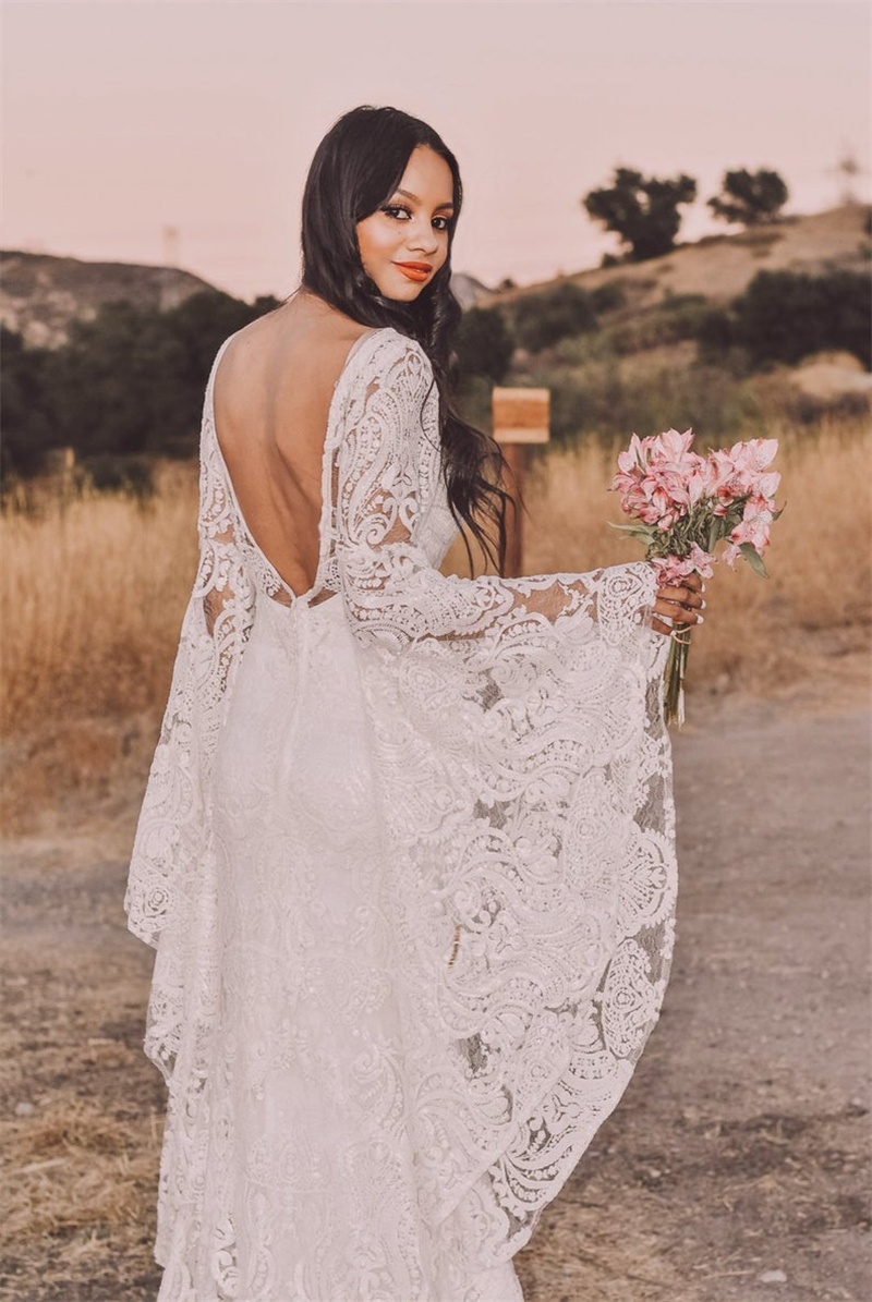Boat Neck Boho Wedding Dress with Sheer Lace & Flare Sleeves