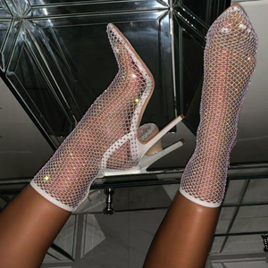White Pointed Toe <b>Booties</b> for Women Thin High Heel Slip-on Mesh Upper Summer Short Shoes Rhinestone Ornament Fishnet <b>Ankle</b> Boot - Product Image 1