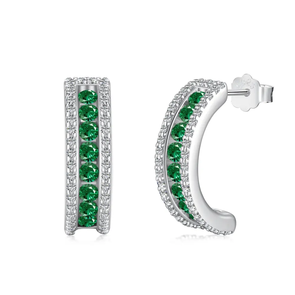 Dylam Luxurious 925 Sterling Silver Rhodium Plated Eternity Emerald Green 5A Cubic Zirconia Hoop Stud Earrings for Women Jewelry