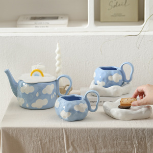 Cute cloud design ceramic teapot irregular coffee <b>cup</b> and <b>saucer</b> set hand painted porcelain tea set for women - Product Image 3