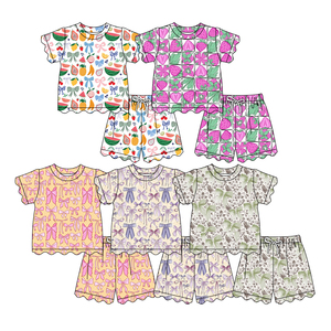 Preorder Baby Girls Summer Short Sleeve Scallop <strong>Fruits</strong> Bows Tee <strong>Shirts</strong> Top Shorts Spring Stretchy Boutique Outfits Clothes Sets - Product Image 1