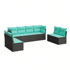Set di divani da patio in rattan moderno con cuscini color verde acqua per sedute all'aperto, capacità 7 persone, design contemporaneo - Product Image 1