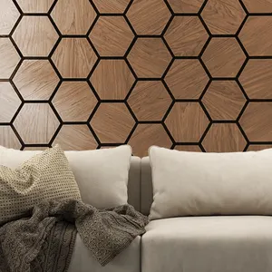 2024 New Style Wood Veneer Covered MDF Slats Carved Wooden Ceiling Panels Hexagon Panel With PET Felt Polyester Backing