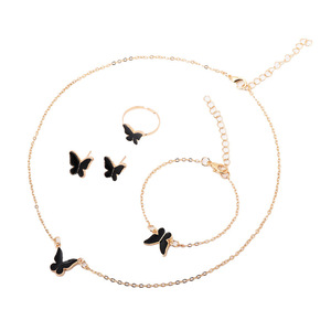 Collection populaire européenne et américaine de mode féminine, ensemble de 4 pièces, collier, boucles d'oreilles, bague en alliage plaqué or avec papillon en verre trempé - Product Image 4