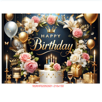 Bannière de fond Joyeux Anniversaire pour Fêtes, Ballons Platine, Fleurs, Gâteau avec Impression Numérique, Fournitures de Décoration, Vente Chaude en Usine