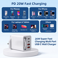 Cargador de Pared con Enchufe del Reino Unido, Cable USB C Retráctil Integrado, 4 Puertos USB A+C, Bloque de Carga Rápida, Adaptador de Entrega de Energía PD 3.0