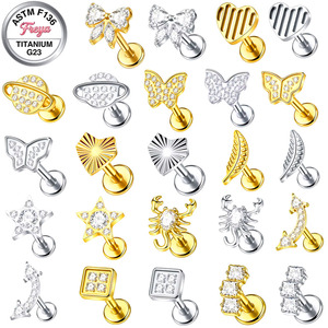 Boucles d'oreilles Freya G23 en titane, clous de tragus à dos plat, labrets, hélix, conch, bijoux de piercing, mode, cœur, flèche, zircon - Product Image 1