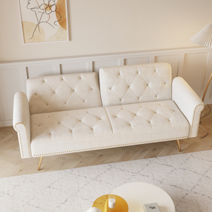 Ensemble de canapé-lit long recouvert de tissu en velours beige, garniture à clous, design moderne, oreiller garni d'éponge pour appartement ou hôtel - Product Image 2