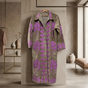 Wholesale Custom Handmade Taupe Grey <b>Velvet</b> Suzani Long Coat Featuring <b>Purple</b> Pomegranate Motif Applique Embroidery Vintage Boho - Product Image 5