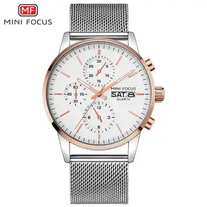 MINI FOCUS 0180 relógio de quartzo masculino prateado novo design pulseira de malha resistente à água calendário vintage relógio de viagem fábrica