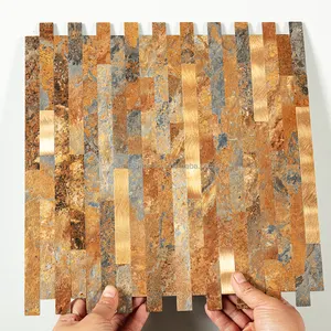 Полоска из золотистого ПВХ, кожура и палка, серебристая металлическая мозаика, самоклеящаяся мозаичная настенная плитка