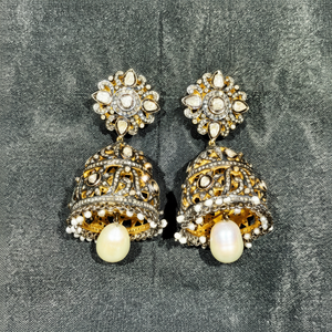 REYES Boucles d'oreilles Jhumka en diamant véritable de style ancien avec perles Vente en gros de bijoux victoriens en argent sterling 925 en or 14 carats - Product Image 1
