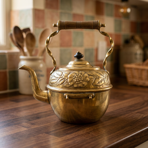 Bouilloire à thé vintage en laiton avec couvercle et poignée, design floral décoratif, pot à eau - Product Image 6