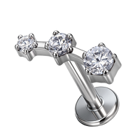 TT Jewelry G23 ASTM F136 Titane Arc 3 CZ Rondes Graduées Labret Stud 16G Fileté Intérieurement à Dos Plat pour Piercing Corporel au Cartilage