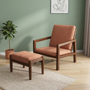 Midcentury Modern Living Room <b>Chair</b> With Ottoman Wood Frame Rust Color Upholstery Solid Back Leisure Seat For Home Furniture - Product Image 3