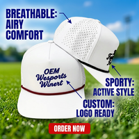 Casquettes de golf personnalisées OEM 100 % polyester en tissu éponge avec logo brodé, trous découpés au laser, performance optimisée, cordon hydro, 5 panneaux, imperméables, style baseball à fermeture snapback