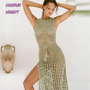 Women Fashion Beach Dresses 2023 Wear Crochet Cover Up Summer Side Slit Sexy High Cut Hollow Out Knit Boho Maxi Dress Backless