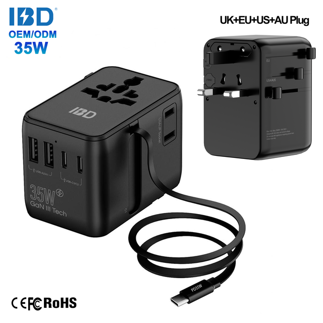 IBD PD PPS 35W Universal Travel Adapter Worldwide 5 USB Type C Portable Fast Charger with Retractable Cable US EU AU UK Plug