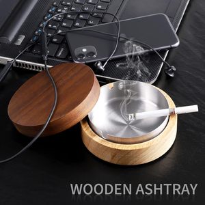 Cendrier en bois rond de 10 cm avec revêtement intérieur en acier inoxydable et couvercle pour la maison ou le bureau, design minimaliste - Product Image 2