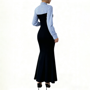 Nouvelle robe maxi tendance pour femmes, style sirène, robe de bureau pour femmes, col chemise rayé, manches longues, robe pour le travail - Product Image 6