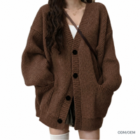 Cardigan en tricot ample à col en V pour femme, couleur unie décontractée mi-longue, collection printemps-automne, vêtements féminins transfrontaliers en gros