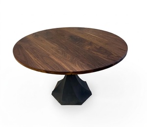Modern Round Walnut <b>Dining</b> <b>Table</b> With Metal Base Solid Wood <b>Top</b> Stable Design For Home Furniture Customizable Size - Product Image 1