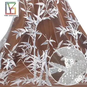 Padrão floral de bambu 100% poliéster, bordado com lantejoulas, rede, vestidos para casamento