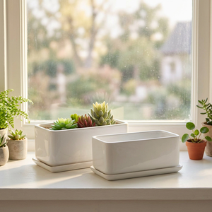 Pots à plantes succulentes rectangulaires en porcelaine blanche avec plateau anti-goutte amovible, style européen, non toxiques, taille et couleur personnalisables - Product Image 1
