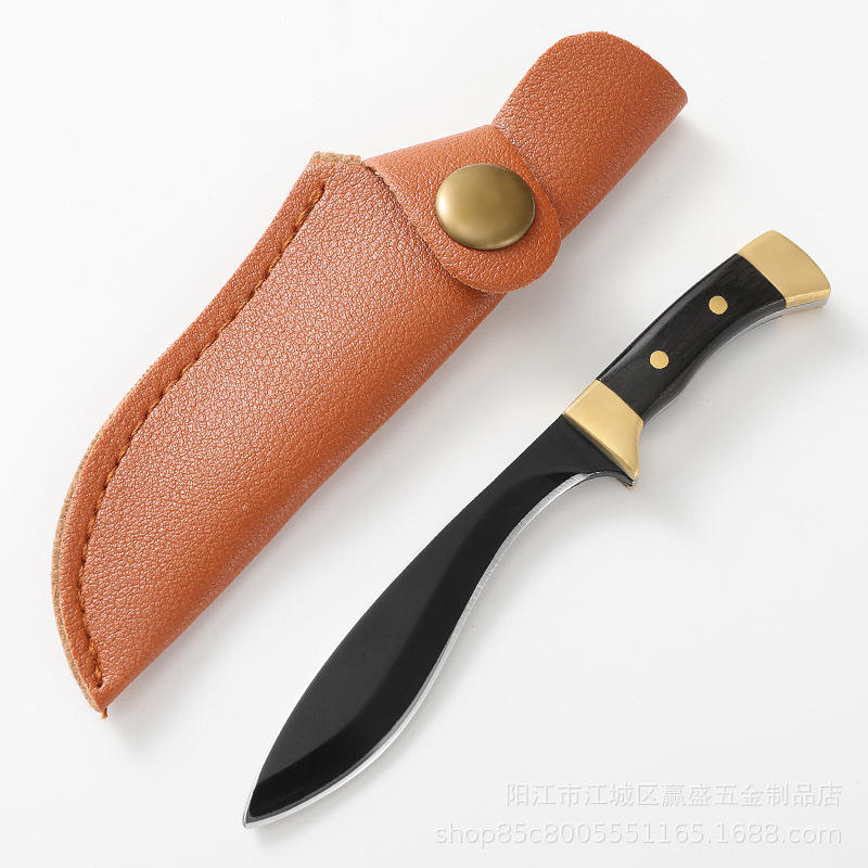 Small curved knife with black handle and black blade