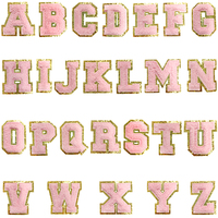 En gros, 26 patchs chenille alphabet A-Z, lettres brodées effet serviette, thermocollants, avec bordure à paillettes dorées, pour vêtements universitaires personnalisés