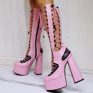 Silver Patent Western Hollow-out Sexy <b>Boots</b> Short Knee-High Women Shoes Cross Strap Platform Thick Heels Lace-up Big Size 47 - Product Image 6