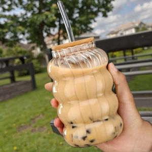 350 550 800ml Tapa de madera de bambú Taza de vidrio Resistente al calor Iced Latte Café Jugo y bebida fría Taza de paja de gran capacidad - Product Image 1
