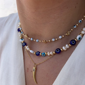 Collana Girocollo Unisex con Perle d'Acqua Dolce e Occhio di Allah, Design Originale Maiou, Fatta a Mano, Placcata Oro, Classica Geometrica - Product Image 5