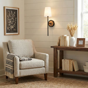 Applique Murale Moderne Nordique pour Hôtel et Chambre à Coucher, en Métal Noir et Bois, avec <span class=keywords><strong>Plaque</strong></span> Ronde et Abat-jour Conique en Tissu Blanc, Lumière Murale LED <span class=keywords><strong>de</strong></span> Lecture - Product Image 3