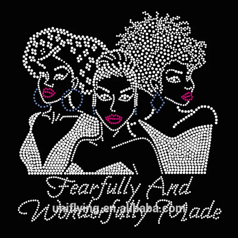 สวยงามและ Wonderfully Made Custom Afro สาว Bling Rhinestone Transfer สำหรับกระเป๋าและเสื้อ T